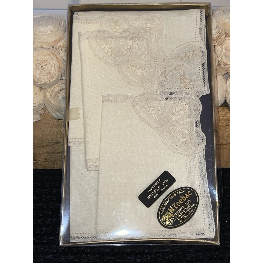Vintage Handmade REAL BRUSSEL'S LACE Women's Handkerchief Box Of 6